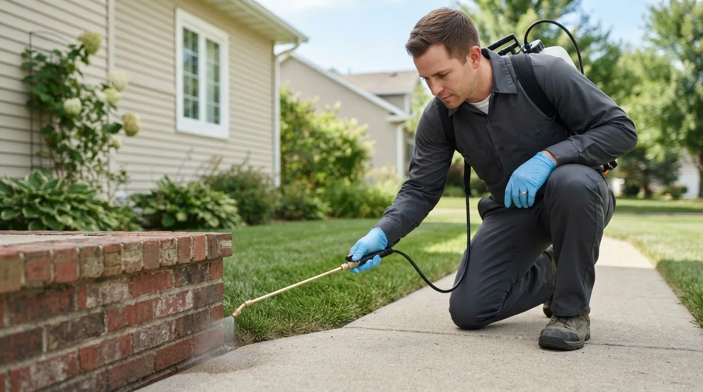 Pest control technician treating a home near Concord, NE